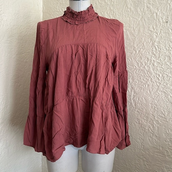 Zara Rose Pink Smocked High Neck Tiered Bell Sleeve Top Blouse Small - Picture 3 of 8